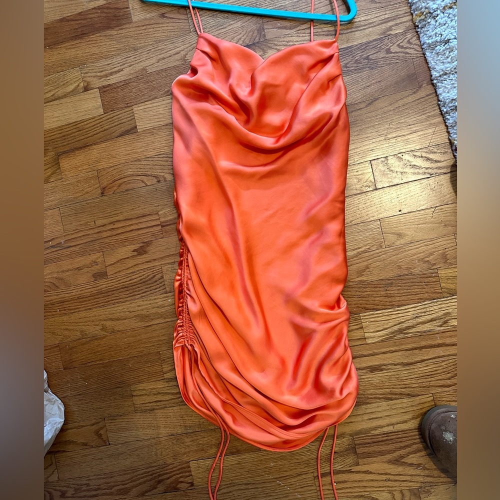 Zara orange mini silk dress wig tie up sides